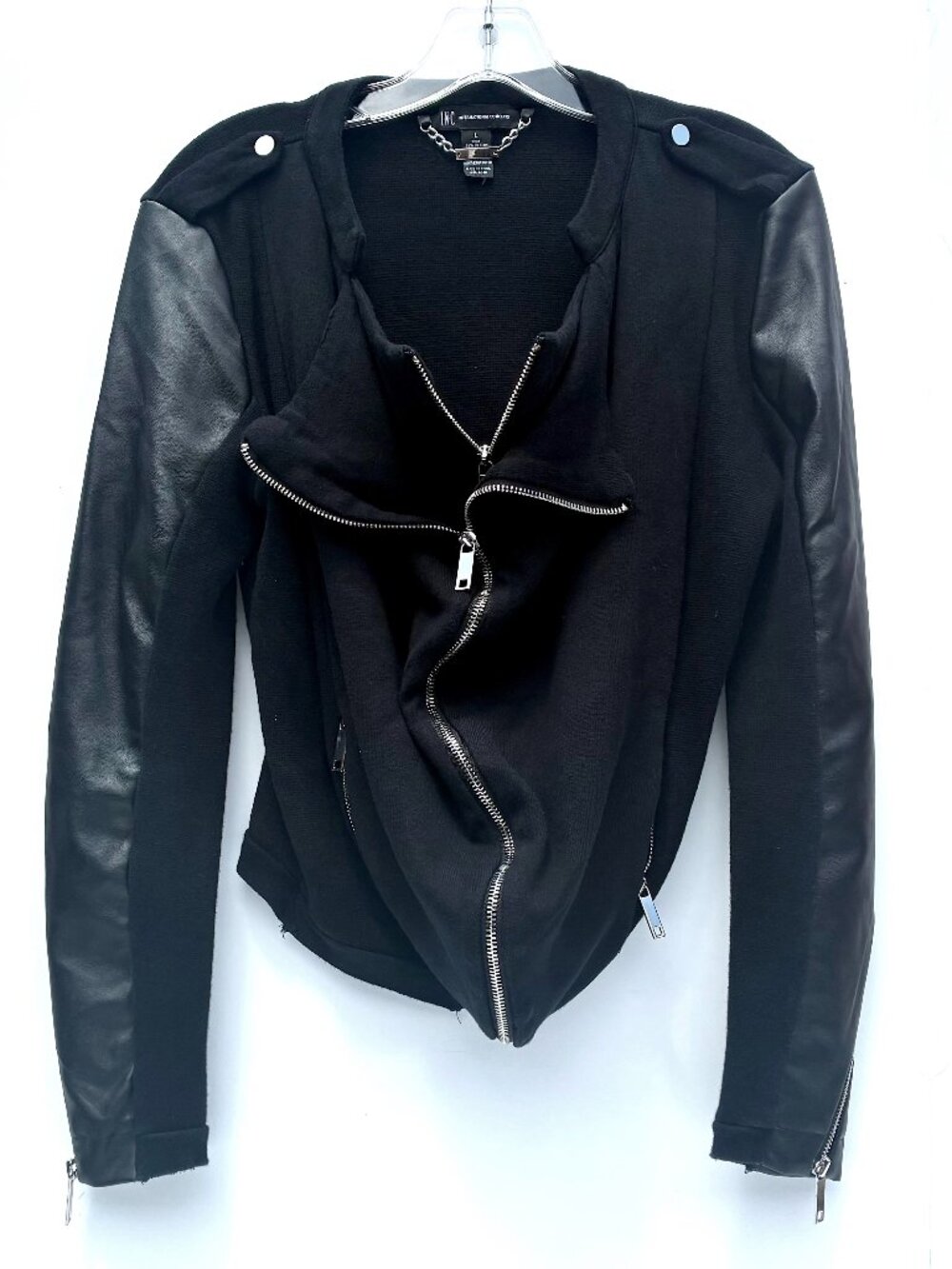 Women’s INC Int’l Concepts Faux Leather Knit Moto Zipper Jacket Black, Large